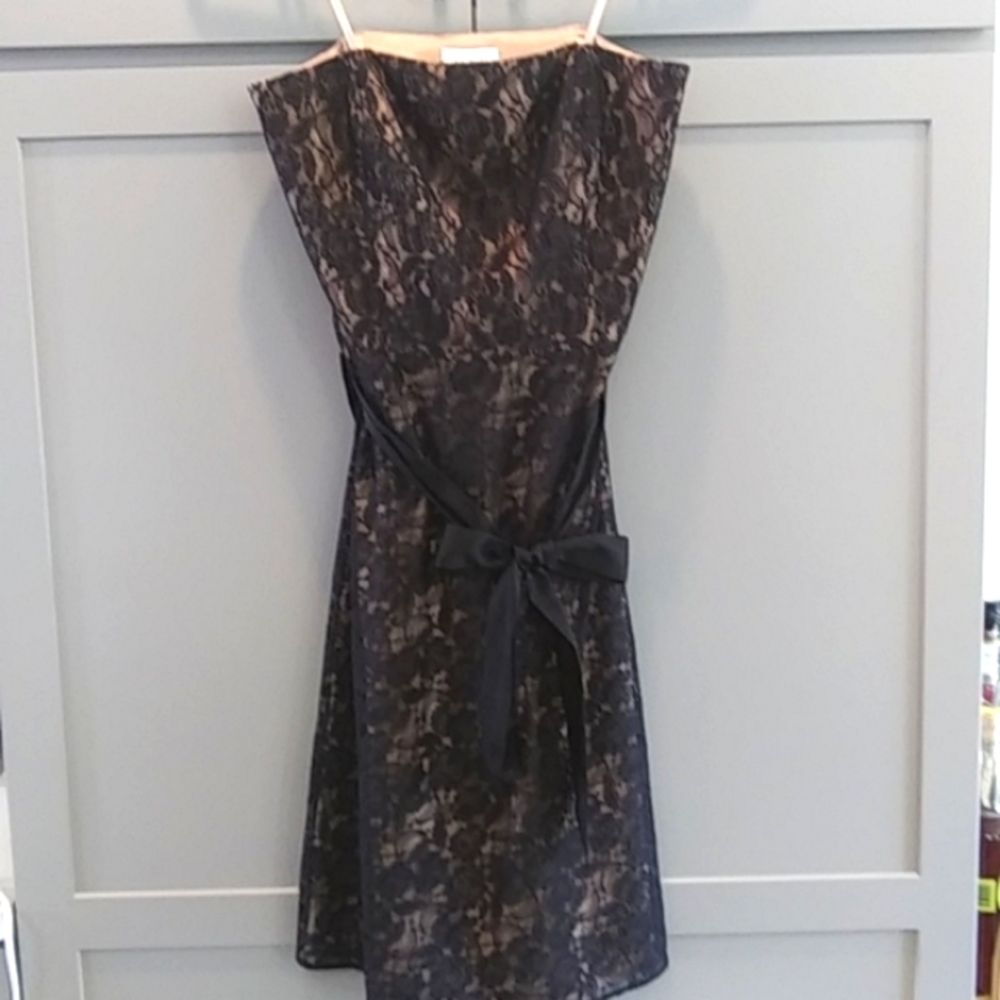 LOFT | Strapless Black Lace Dress, Nude Satin Lining | 4